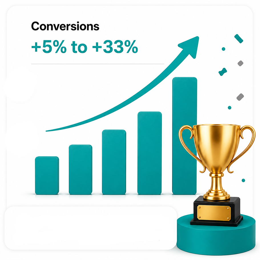 Conversions growth chart showing +5% to +33% increase with trophy